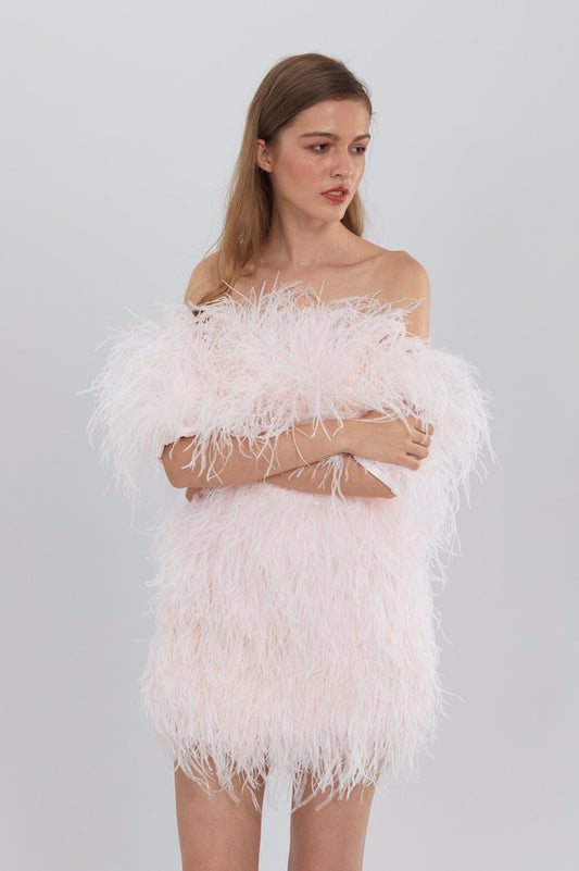 Sophie Pink Off The Shoulder Feather Wedding Dress Feather Cocktail Dress for Women