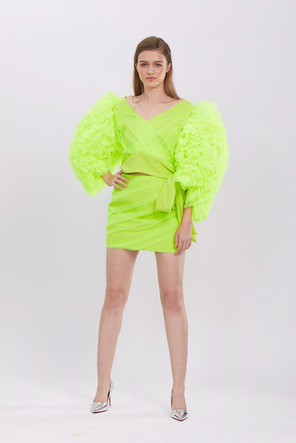 Sonia Neon Green Ruffles Tulle Blouse &skirt