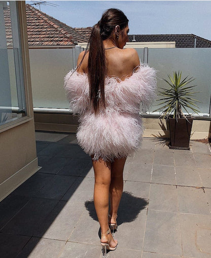 Sophie Pale Pink Off Shoulder Feather Mini Dress,Unique Wedding Dress,Ball Gown Wedding Dress,Short Wedding Dress,Plus Size Wedding Dress