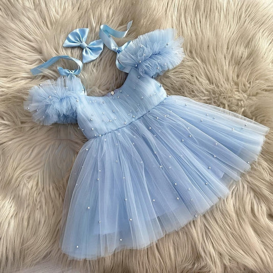 Sky Blue Baby Girl 1st Birthday Outfit, Baby Girl Birthday Dress, Pearl Dress Toddler, Birthday Dress, First Birthday Blue Dress