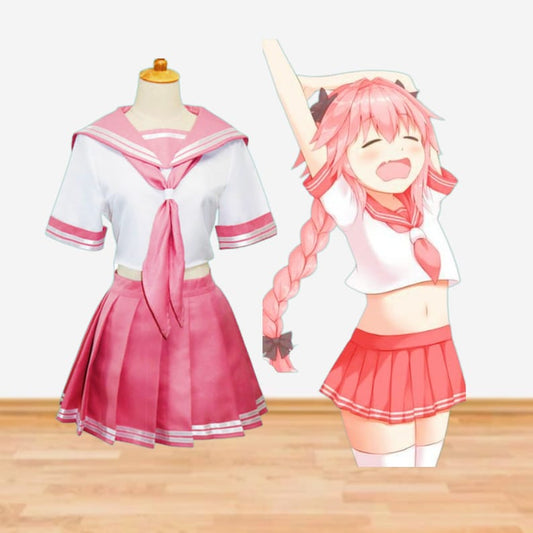 Anime Pink Sailor Suit, Astolfo Cos Uniform, Girls Halloween Costume School top and skirt