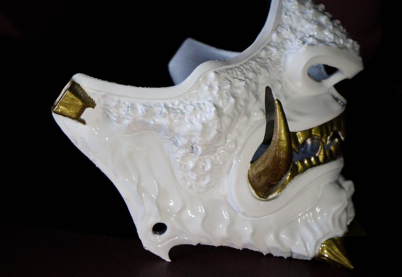 Oni Half Mask, Japanese Wearable Samurai Style ,cosplay, Hannya Mask ,mempo Mask, White &amp; Gold, Carnival Mask