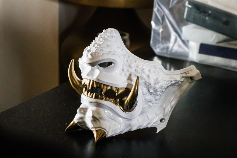 Oni Half Mask, Japanese Wearable Samurai Style ,cosplay, Hannya Mask ,mempo Mask, White &amp; Gold, Carnival Mask