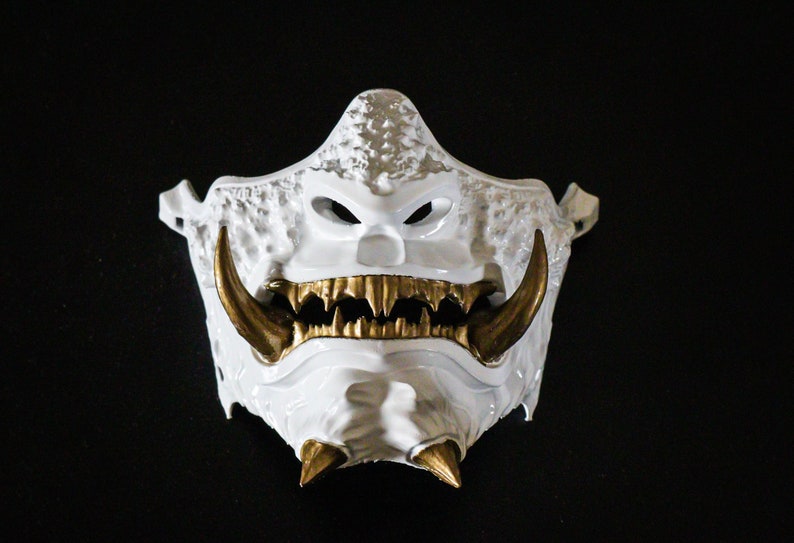Oni Half Mask, Japanese Wearable Samurai Style ,cosplay, Hannya Mask ,mempo Mask, White &amp; Gold, Carnival Mask