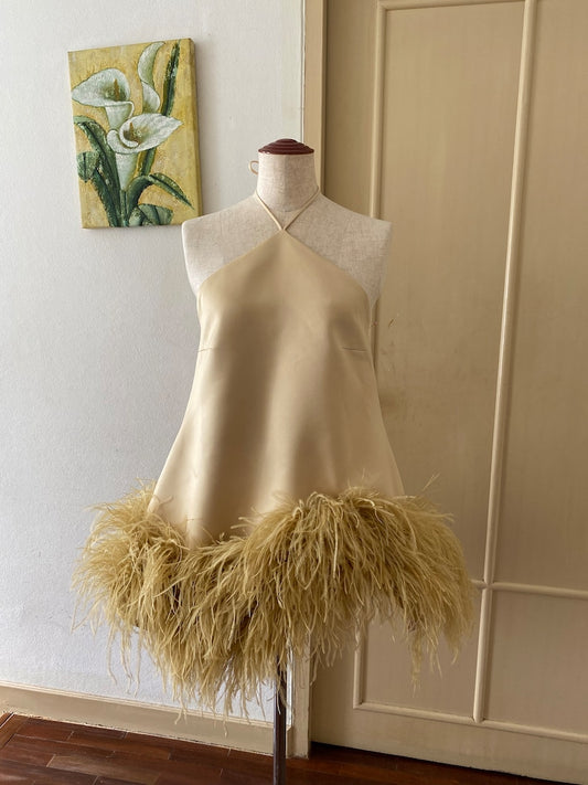 Eddy Gold Feathers Halter Mini Dress,Plus Size Wedding Dress ,Ball Gown Wedding Dress,Wedding Guest Dress,Alternative Wedding Dress