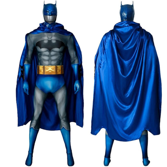 Dark Knight Hush Superhero Blue Bat Cosplay Costume,3D Printing Bruce Wayne Jumpsuit with Blue Cape and Mask,Perfect for Halloween Carnival