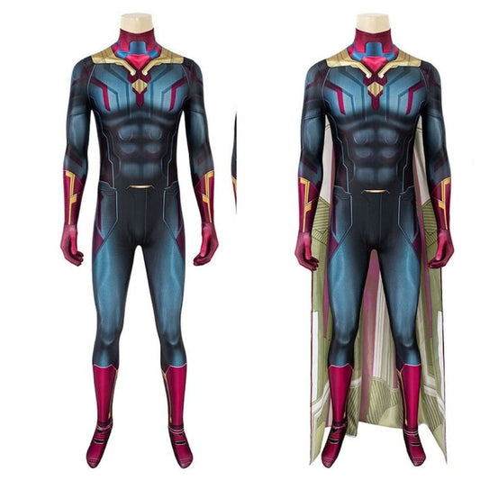 Masquerade in Style with Adult Superheroes' Infinity War Vision Jumpsuit ,Cosplay Costume Cool Bodysuit for Halloween.