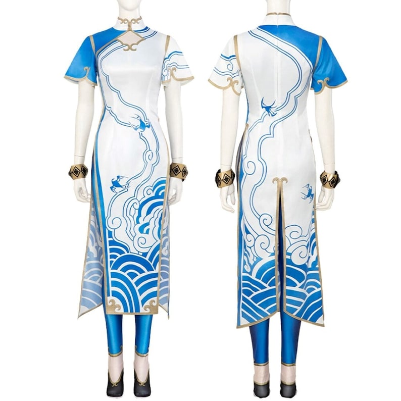 Costume Game with Adult Women's FIGHTER 6 Cosplay Costume, Chun-Li Blue Jumpsuit for Fancy, Halloween Carnival Outfits and Printed Dress