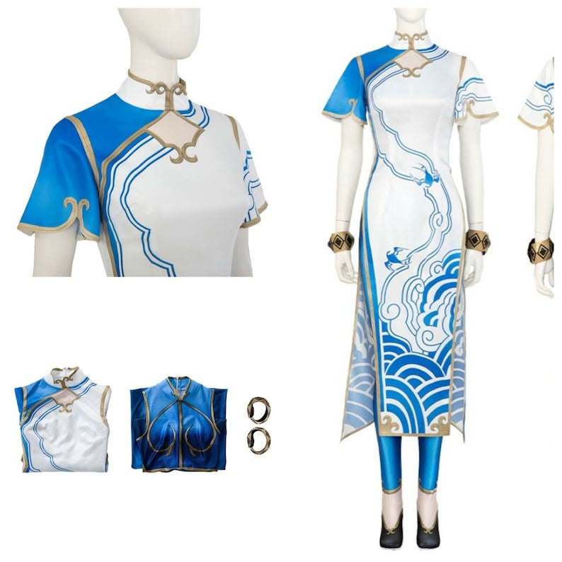 Costume Game with Adult Women's FIGHTER 6 Cosplay Costume, Chun-Li Blue Jumpsuit for Fancy, Halloween Carnival Outfits and Printed Dress