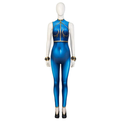 Costume Game with Adult Women's FIGHTER 6 Cosplay Costume, Chun-Li Blue Jumpsuit for Fancy, Halloween Carnival Outfits and Printed Dress