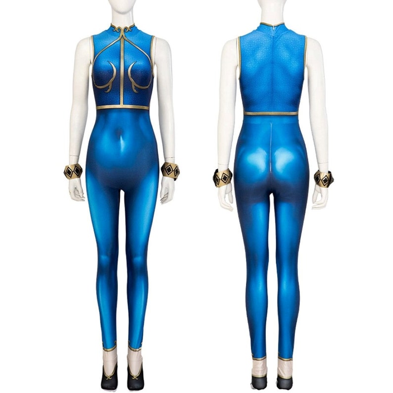 Costume Game with Adult Women's FIGHTER 6 Cosplay Costume, Chun-Li Blue Jumpsuit for Fancy, Halloween Carnival Outfits and Printed Dress