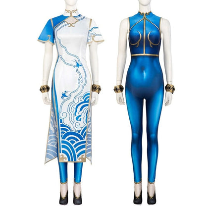 Costume Game with Adult Women's FIGHTER 6 Cosplay Costume, Chun-Li Blue Jumpsuit for Fancy, Halloween Carnival Outfits and Printed Dress