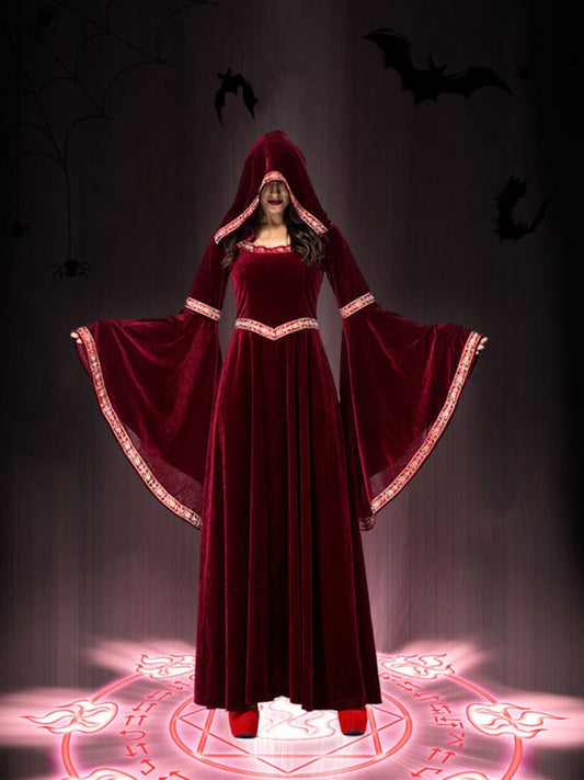 Red Velvet Medieval Witch Dress, Medieval Retro Gothic Hoodie Dress Vampire Witch Costume Halloween Adult Costume