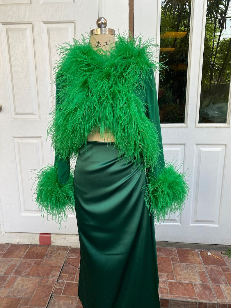 Emerald Green Feathers Bolero Jacket and Long Skirt for Women,Festive Dress,Christmas Dress,Reception Wedding Dress,Wedding Guest Dress