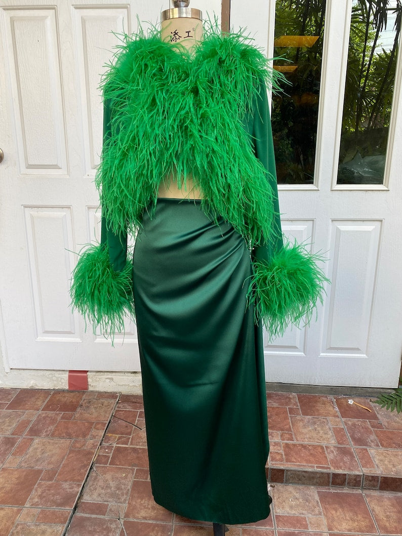 Emerald Green Feathers Bolero Jacket and Long Skirt for Women,Festive Dress,Christmas Dress,Reception Wedding Dress,Wedding Guest Dress