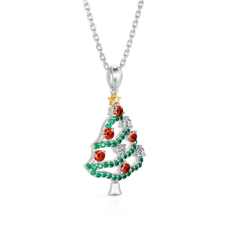 Christmas Tree Necklace, Emerald & Ruby Necklace, 14K White Gold, Necklace for Women, Christmas Gifts, Birthday Gifts