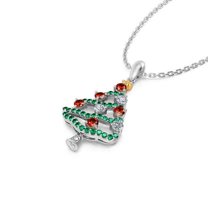 Christmas Tree Necklace, Emerald & Ruby Necklace, 14K White Gold, Necklace for Women, Christmas Gifts, Birthday Gifts