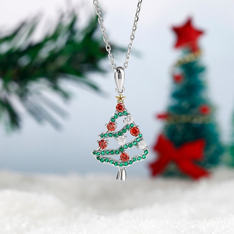 Christmas Tree Necklace, Emerald & Ruby Necklace, 14K White Gold, Necklace for Women, Christmas Gifts, Birthday Gifts