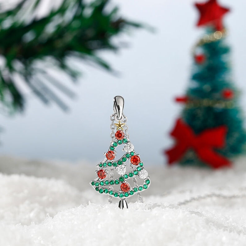 Christmas Tree Necklace, Emerald & Ruby Necklace, 14K White Gold, Necklace for Women, Christmas Gifts, Birthday Gifts