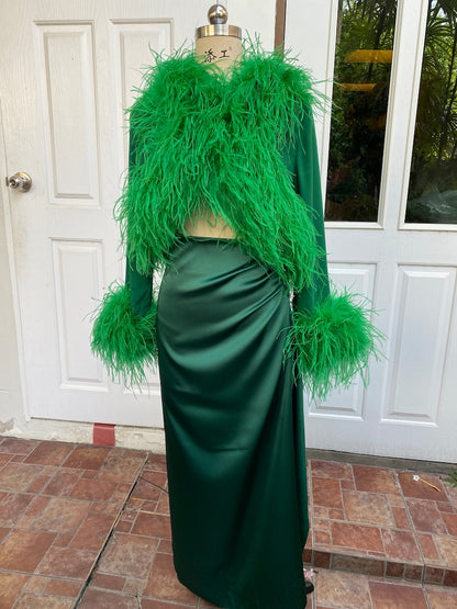 Emerald Green Feathers Bolero Jacket and Long Skirt for Women,Festive Dress,Christmas Dress,Reception Wedding Dress,Wedding Guest Dress