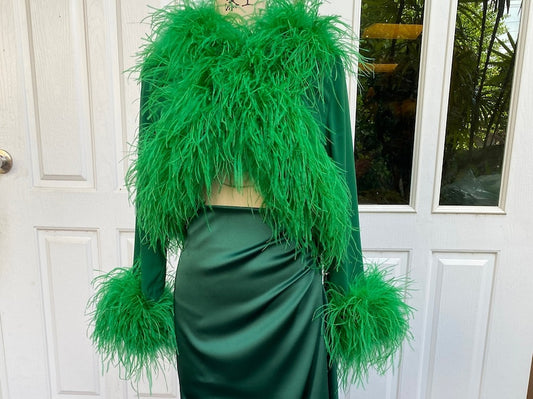 Emerald Green Feathers Bolero Jacket and Long Skirt for Women,Festive Dress,Christmas Dress,Reception Wedding Dress,Wedding Guest Dress