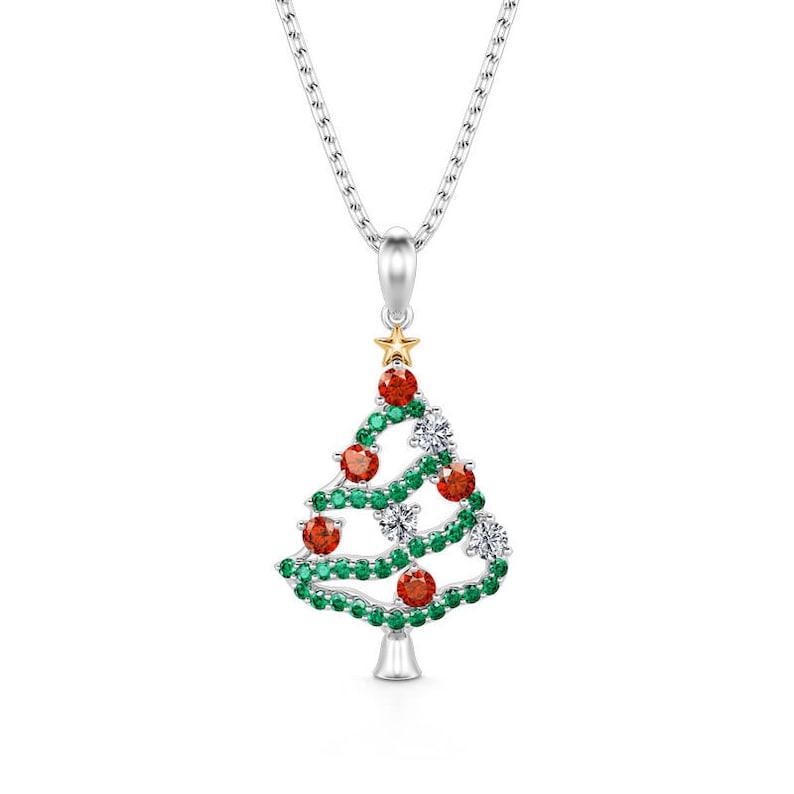 Christmas Tree Necklace, Emerald & Ruby Necklace, 14K White Gold, Necklace for Women, Christmas Gifts, Birthday Gifts