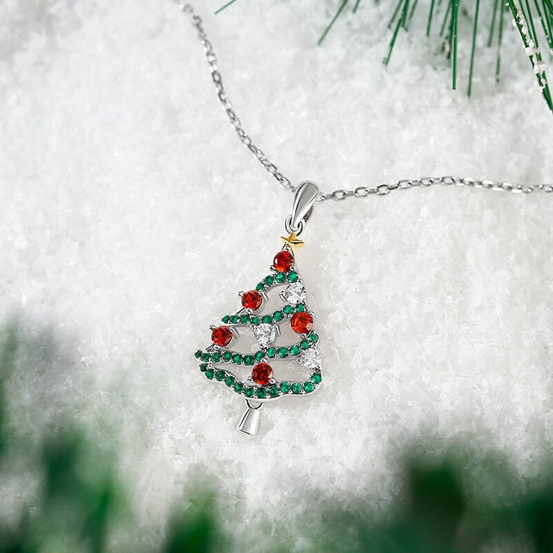 Christmas Tree Necklace, Emerald & Ruby Necklace, 14K White Gold, Necklace for Women, Christmas Gifts, Birthday Gifts