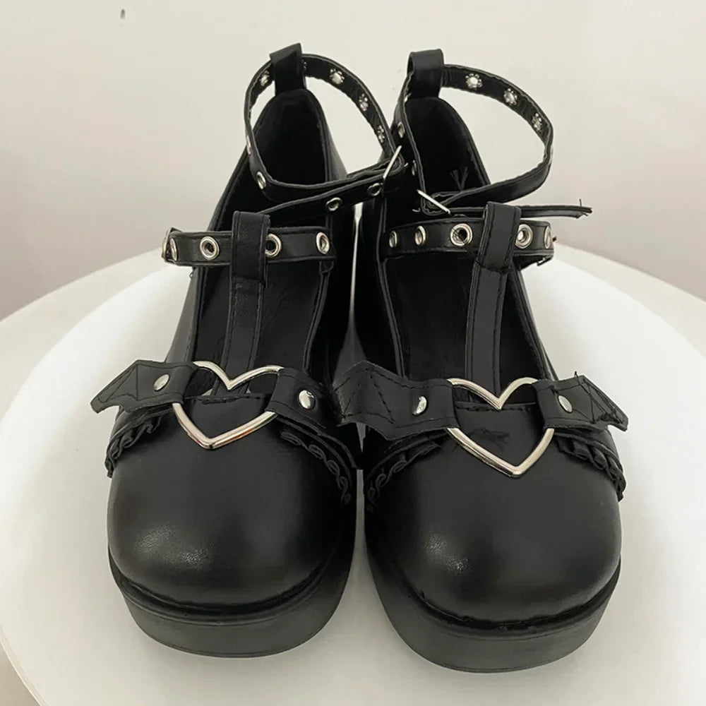 New Sweet Heart Buckle Wedges Mary Janes Women Pink T-Strap Chunky Platform Lolita Shoes Woman Punk Gothic Cosplay Shoes 43