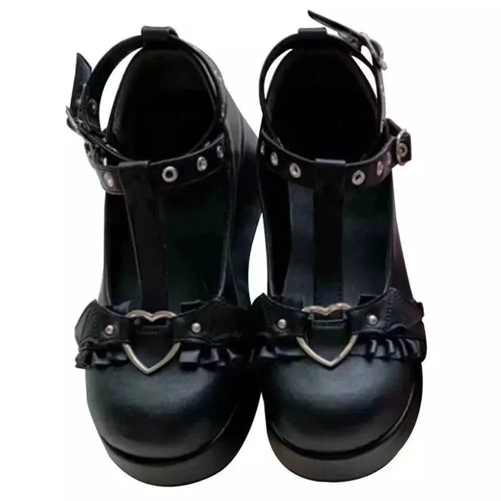 New Sweet Heart Buckle Wedges Mary Janes Women Pink T-Strap Chunky Platform Lolita Shoes Woman Punk Gothic Cosplay Shoes 43