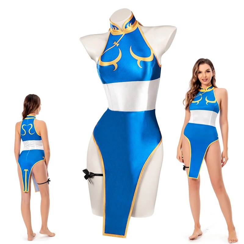 Chun Li Cosplay Dress Costume Game SF Role Play Blue Skirts Outfit Women Full Set Female Halloween Party Disguise Suit For Lady