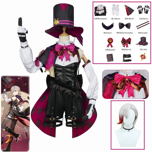 Lyney Cosplay Costume Wig Genshin Impact Fontaine Lyney Leather Magician Uniform Short Glove Halloween Carnival Women Outfits