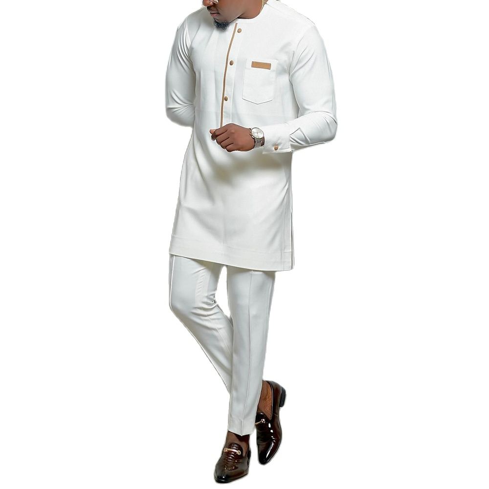 White Kaftan 2 Piece Sets Men's Suit Button Crew Neck Pockets Long Sleeve Top and Pants Wedding Ethnic Style Outfit Clothing