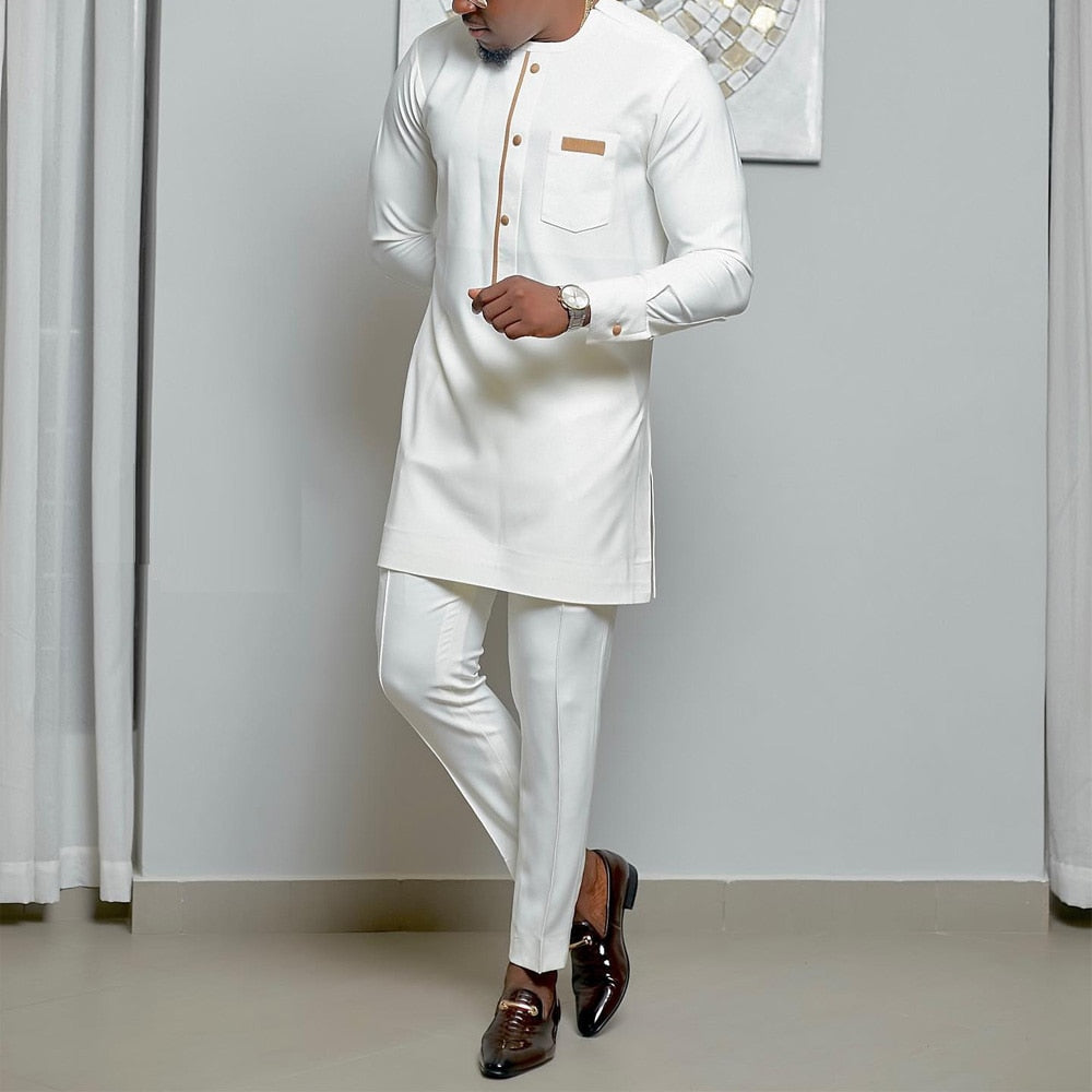 White Kaftan 2 Piece Sets Men's Suit Button Crew Neck Pockets Long Sleeve Top and Pants Wedding Ethnic Style Outfit Clothing